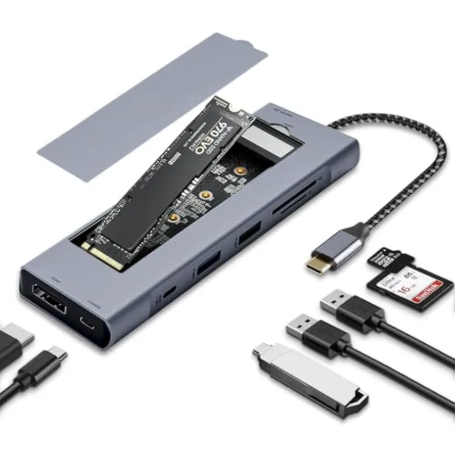 

USB-хаб 8-в-1 с поддержкой M.2 NVMe SSD, 4K HDMI, 100W PD, 10Gbps USB-C, USB 3.1, слотами для карт SD и TF, совместимый с XPS, Dell, MacBook Pro, iPad.
