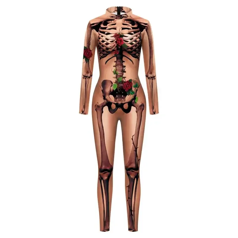 Skin Color Skeleton Jumpsuit Gothic Women Bodysuit Halloween Ghost Cosplay Costume Party Zentai Suit Spandex Elastic Rompers