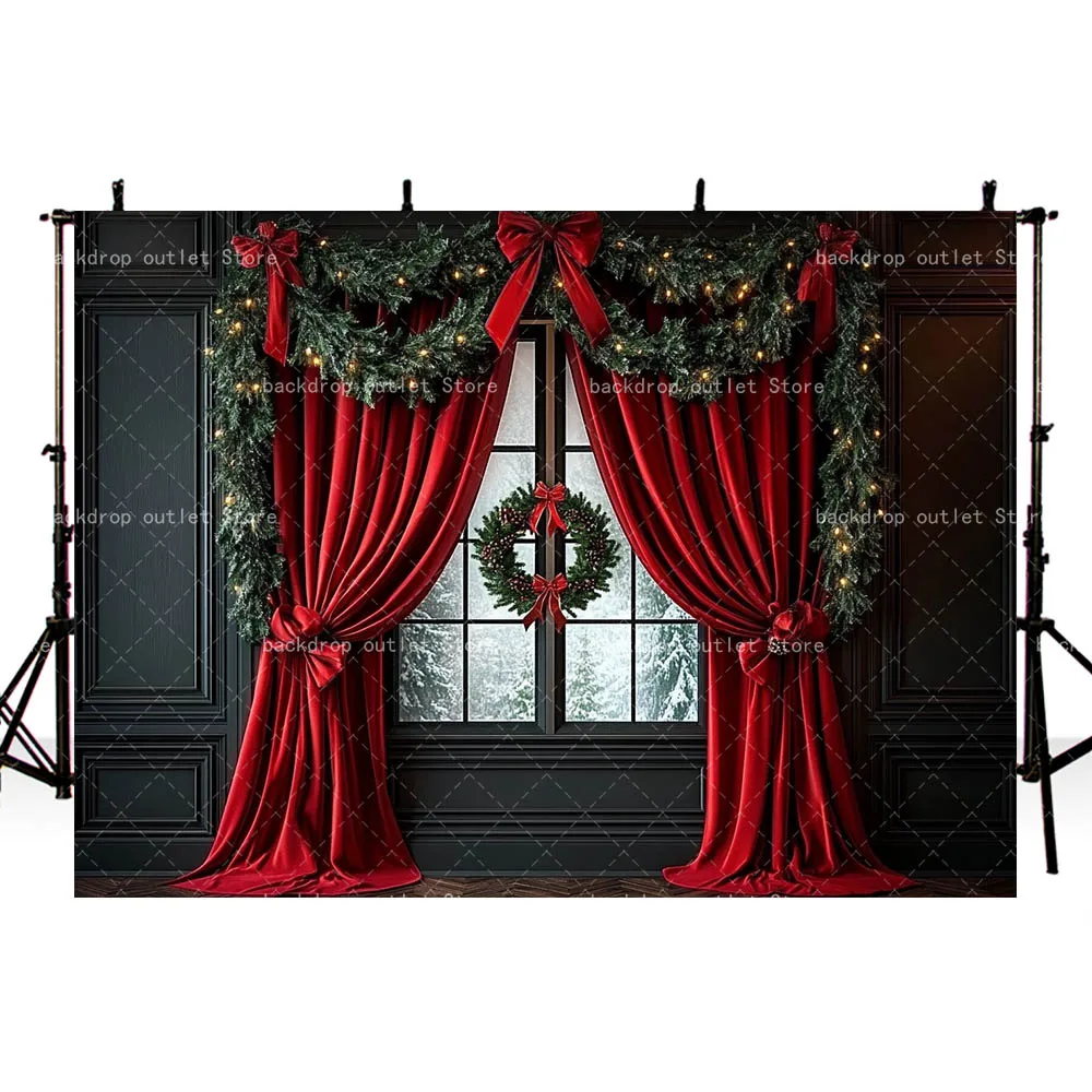 Mehofond Christmas Fireplace Photography Backdrop Classic Black Wall Window Red Curtain Kids Adult Portrait Background Decor
