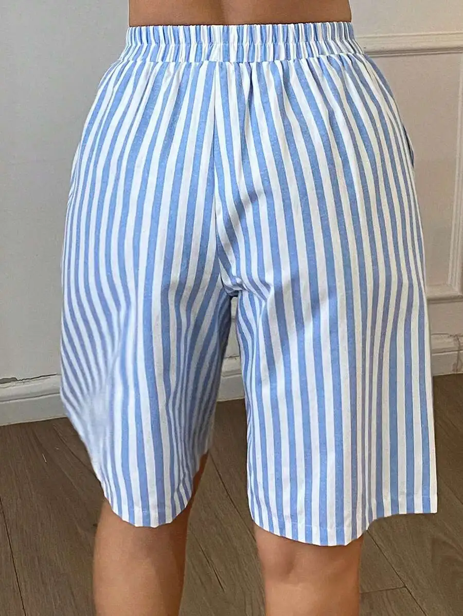 

Womens Blue And White Striped Loose Pajama Shorts For Summer