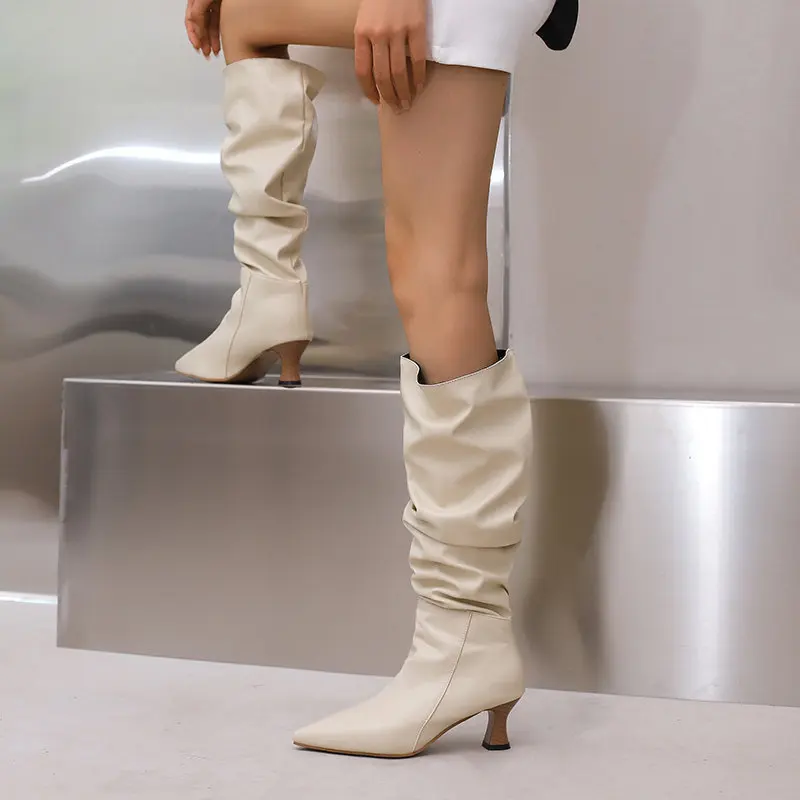 ORCHA LISA Female Knee High Boots Pointed Toe Heels 5.5cm Slip On Pleated Plus Size 46 47 48 Fashion Party Women Booties