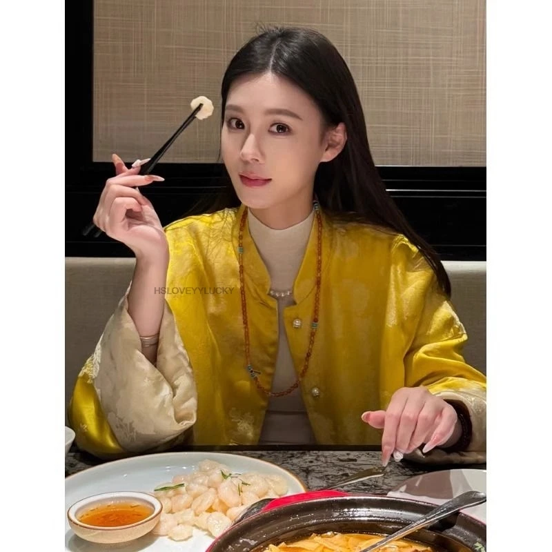 Autumn Winter Chinese Style Jacquard Qipao Collar  Long Sleeves Blouse Women Girl Retro Blouse Improved Tanguits Daily Coat
