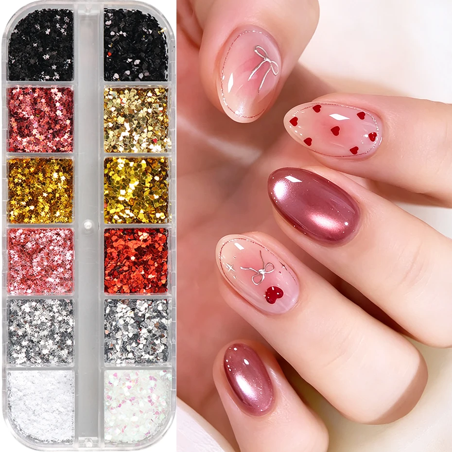 12 Grids Mini Star & Heart Nail Sequins Holographic Metallic Shiny Love Heart Nail Five-Pointed Star Glitter Flakes Nail Decor