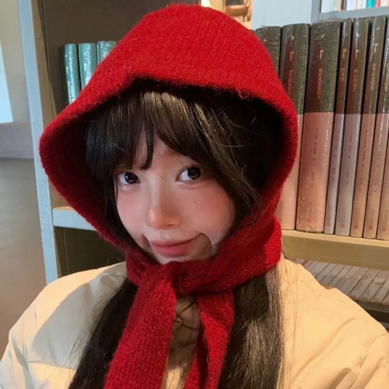 Nuevo gorro pasamontañas Edición coreana moda Caperucita Roja Otoño Invierno bufanda cálida gorros de punto integrados para mujer