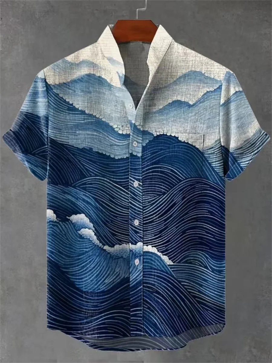 

New men's casual 3D printed scenery graphic vintage art linen short-sleeve stand collar shirt comfortable button top