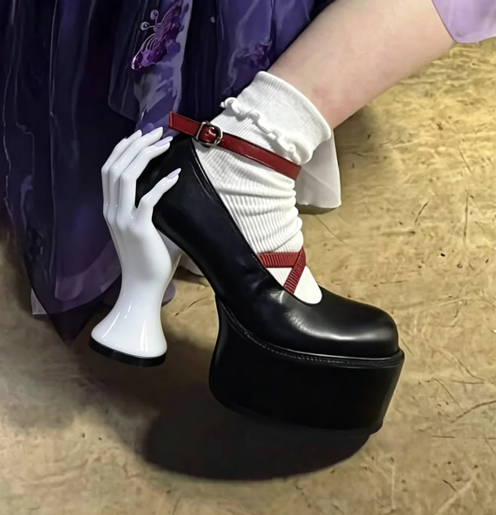 Red Strap Buckle Design Platform Heels Black Faux Leather Crisscross Mary Jane Hand Heel Decor Lace Detailing Shoes for Cosplay