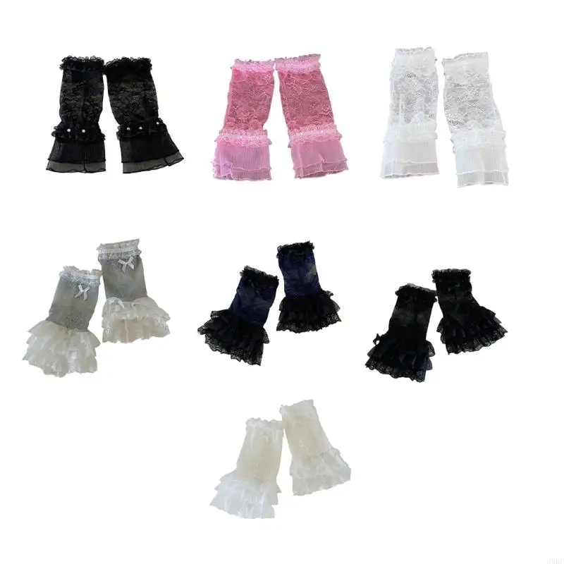 

39BC Stylish Embroidered Arm Sleeves Rhinestones Accents Sun Nylon Gloves