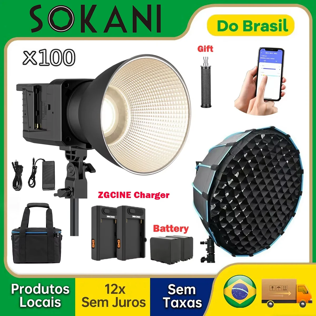 【Do Brasil】Sokani X100 Bicolor 100W Bi-Color LED Luz de vídeo Controle por APP para fotografia Gravação de vídeo Tiro ao ar livre
