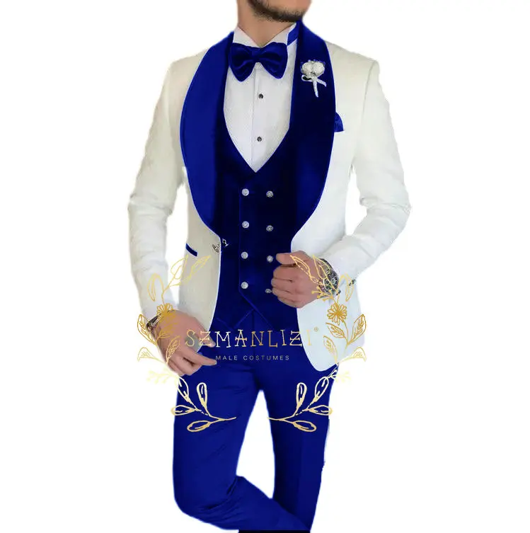 New Arrival White Paisley Jacquard Party Blazer Sets Men Suits Costume Homme Groom Tuxedos Wedding Terno Masculino 3 Pieces