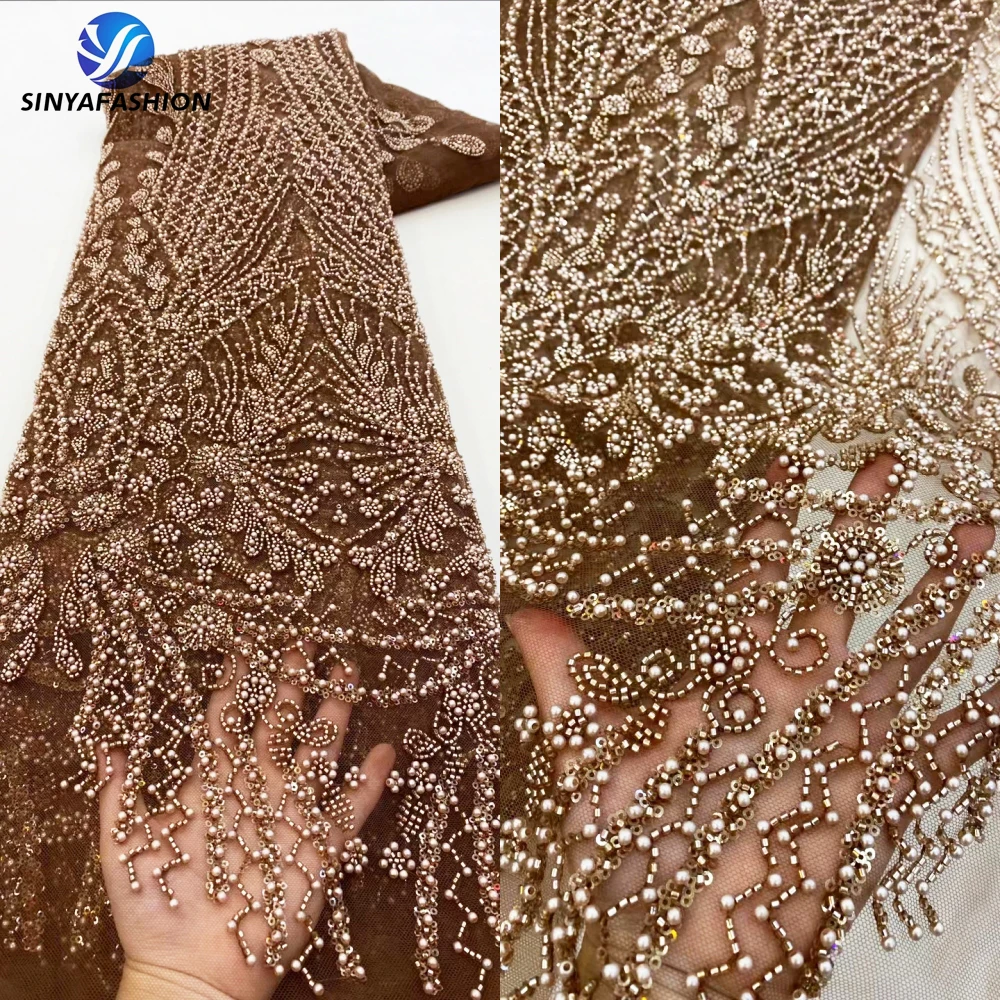 Tim Latest Product Coffee Heavy Beaded Lace Fabric Various Colors Tubulous Beaded Fabric Lady Luxury Party Dress For Women Dress