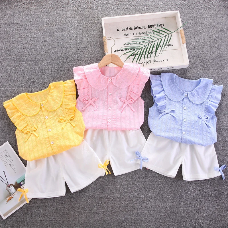 

Summer Fashion Girls Clothes Set Kids Ruffle Short Sleeve Tops+Pant 2Pcs Toddler Baby Outfit Children Bow Infant Costume A491