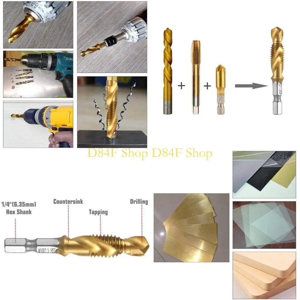 D84F 6 Pieces/set Drill Tap Combination for Titanium Coated HSS 1/4inch Shank Metric Thread Drill & Tap Bits Set M3-M10