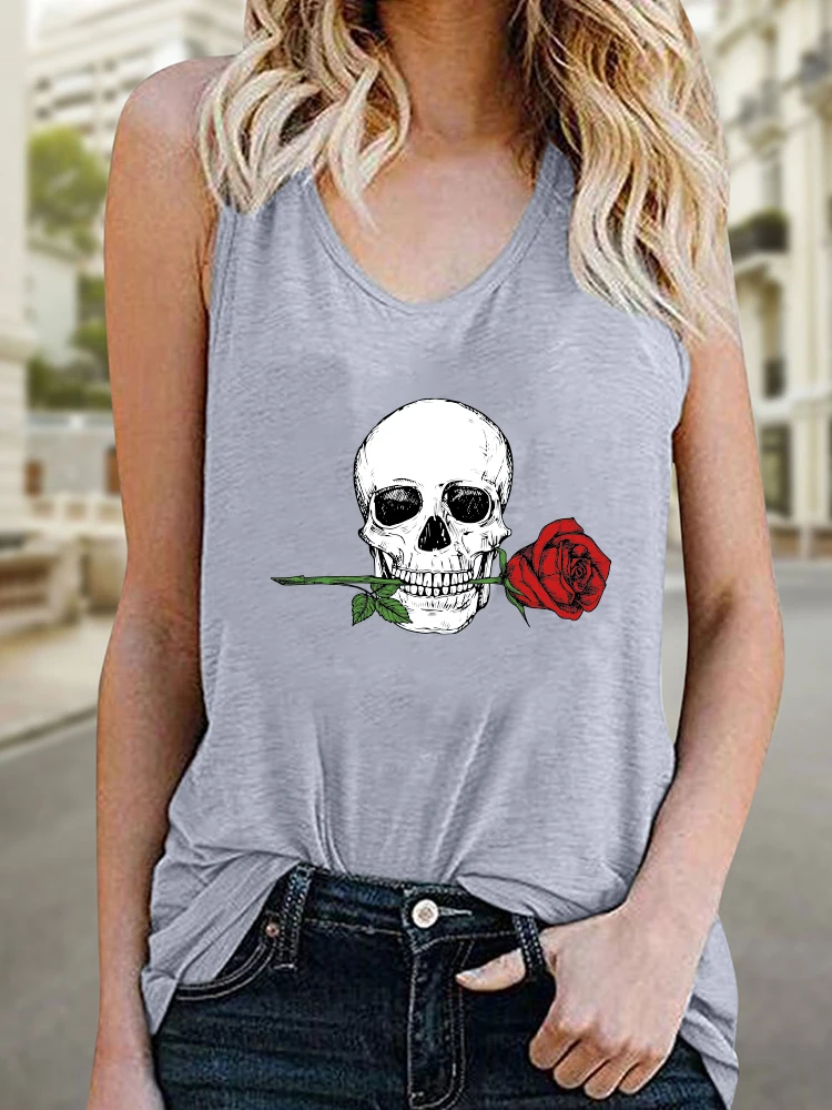 Seeyoushy Skull Rose Print Funny Women Tank Tops Summer Skulls Tee Shirt Vintage Crew Neck Y2k Women 2023 90s Tops Clothes Femme