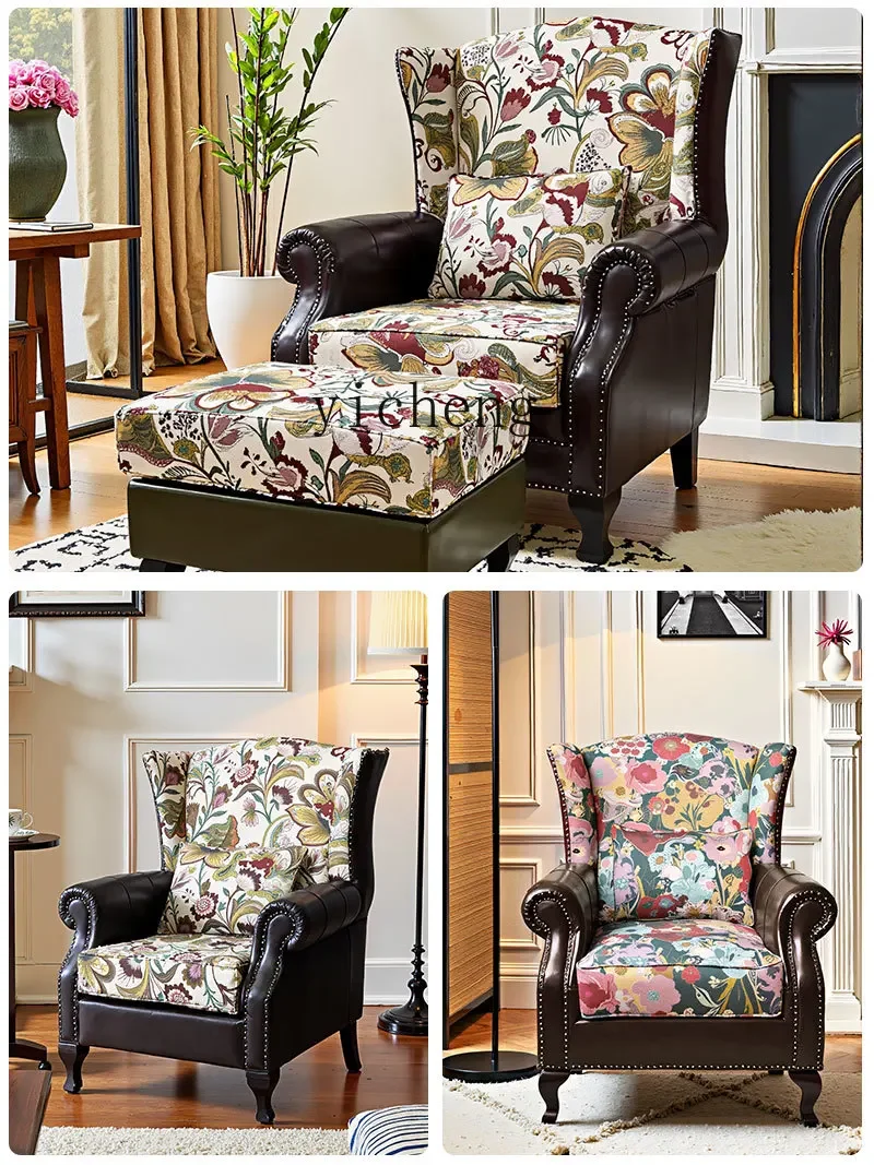 

LSL American Style Single Genuine Leather Sofa Chair Top Layer Cowhide Living Room Bedroom High Back