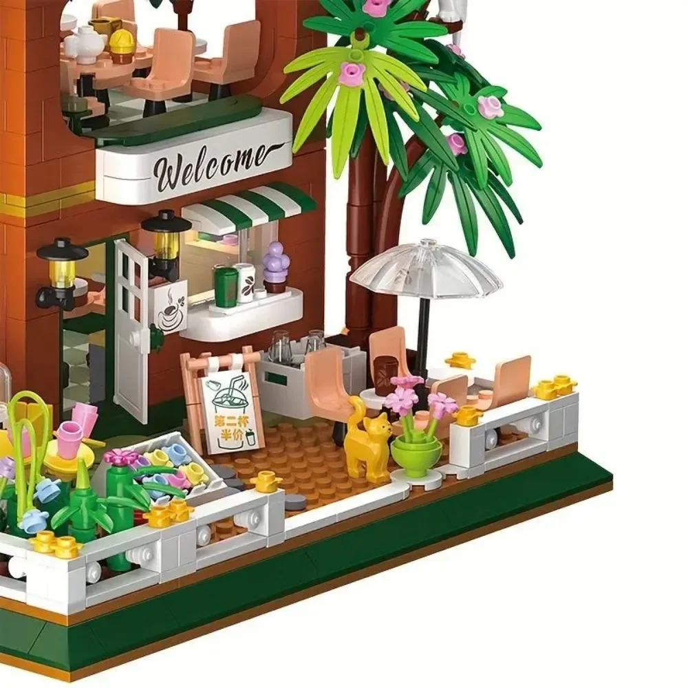 Creative Streetscape Architecture Bear Coffee House Building Blocks City Street View Cafe Shop Model Holiday Gifts Kids Toys