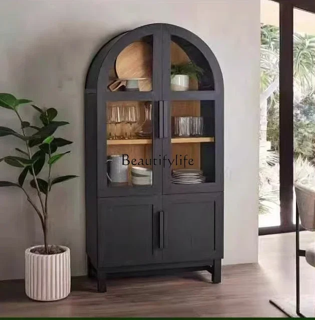 

02 Solid Wood Wall-Mounted American Style Bookshelf Storage Sideboard High-End Ultra-Thin Arched Designer