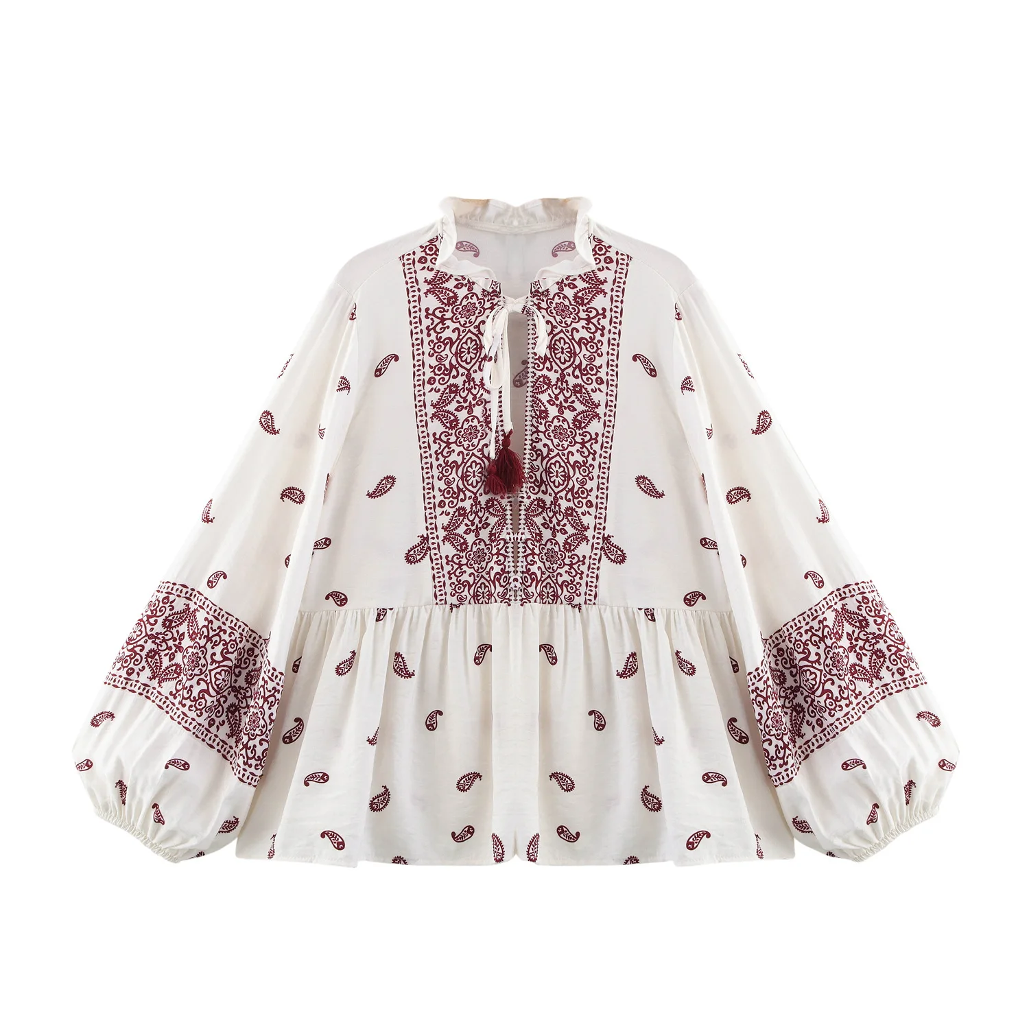 

Women's Printed Tassel Shirt Hollow Loose Stand-up Collar Lantern Sleeve Pleated Casual Cropped Blouse Summer New Chic Top