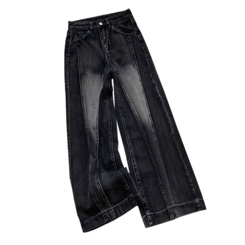 Jean taille haute à jambes larges pour femmes, Style américain, grande taille, nouveau Design Patchwork, pantalon coupe droite, gris noir, printemps