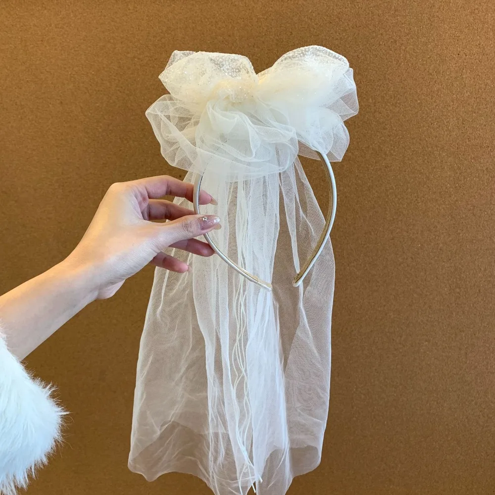

Elegant Korean Style White Veil Hairband Soft Creative Mesh Bow Headband Birthday Hat Headwear Birthday Photograph Prop Children
