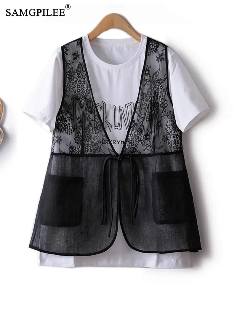 European Station Women's Blouses Trend 2024 New Lace Retro Vest Short Sleeved Letter Printed Tops Two Piece Set Women's T-shirts