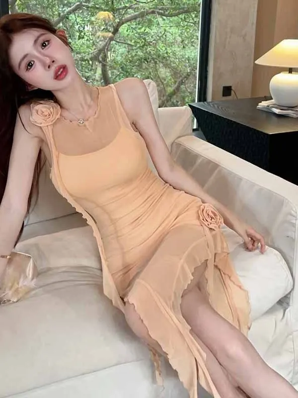 2024 Summer Pure Desire Spicy Girl Temperament Irregular Mesh Splicing Sheer Cinching Waist Wrap Hip Slim Sling Dress XK48