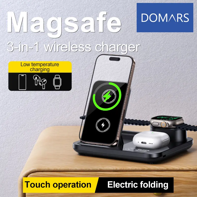 Domars Multifunctional Folding Design Desk Magnetic 3 In1 Wireless Charger Stand Portable Travel Portable for Phone Headphones