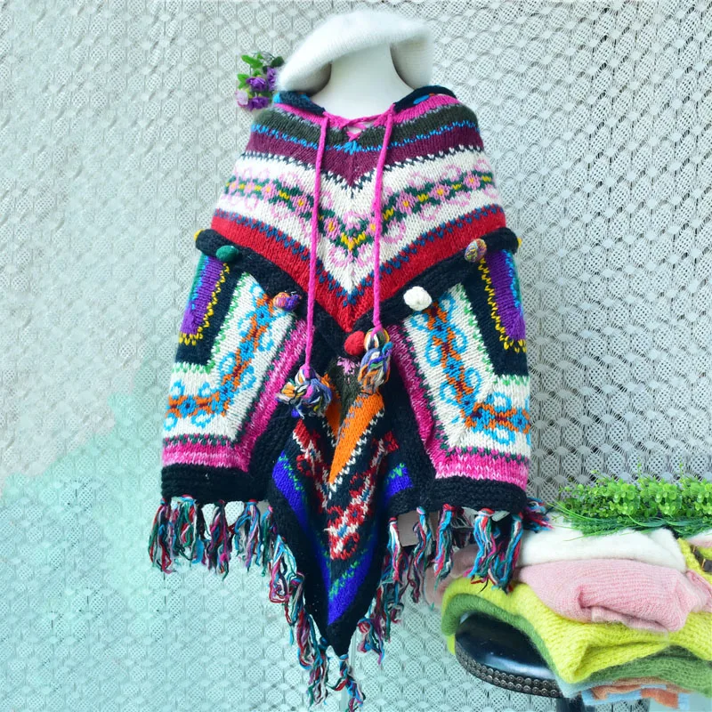 Women Fashion 100% Wool Mohair Knitted Hooded Thick Warm 3D Crochet Flower Medium Long Loose Sweater Mantle Cape Jumper Cloak