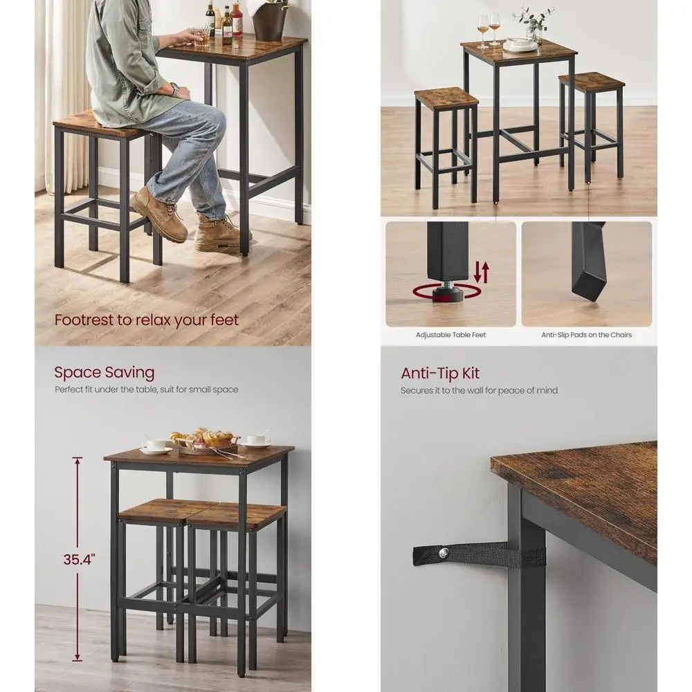 

Compact 2-Seat Dining Set, Square Table with 2 Stools, Rustic Brown and Black, Ideal for Kitchen or Living Room