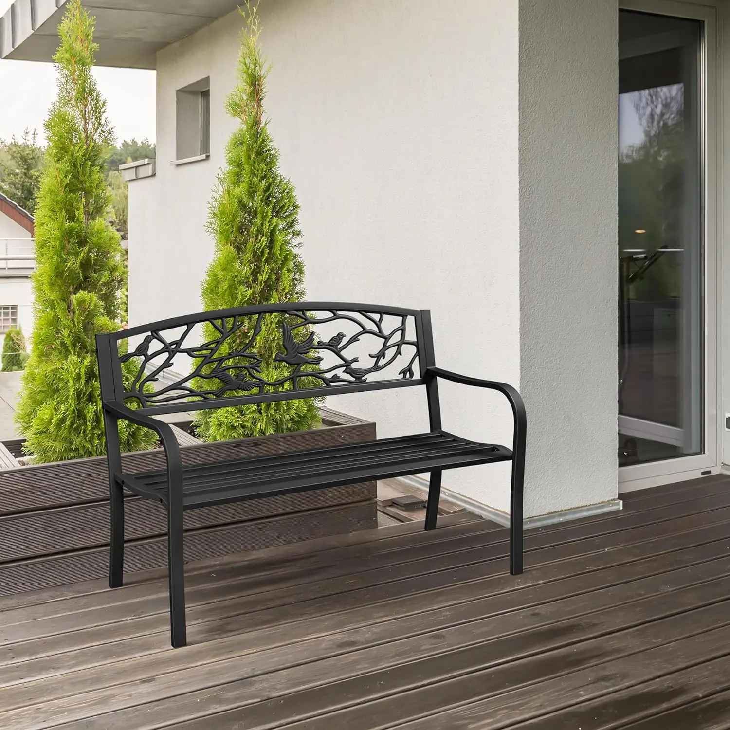 

aheetech Outdoor Garden Bench Patio Furniture Chair Outdoor with Vintage Bird Pattern Backrest Slatted Seat Antique Metal Bench