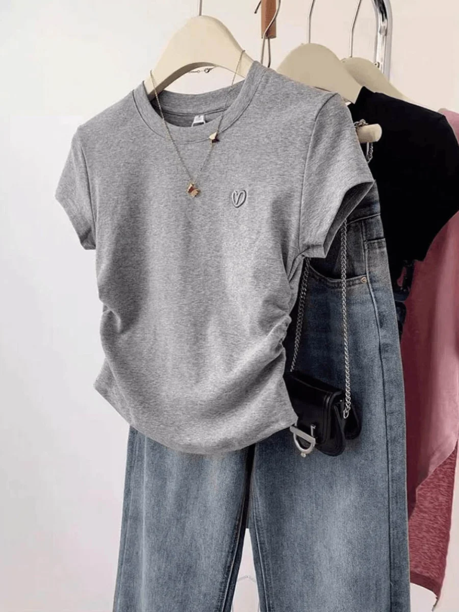 

Faionable Base Layer irt ort Sve round Ne Slimming Color Versatile Women's Top Korean Sle Commute Wind Sum...