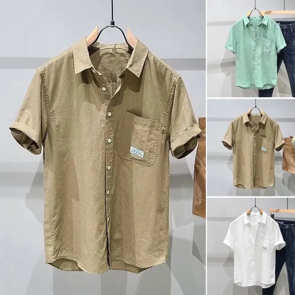 Camisa de cardigã masculina com gola virada para baixo, bolso no peito, design de peito único, moda média, elegante, monocromática, verão