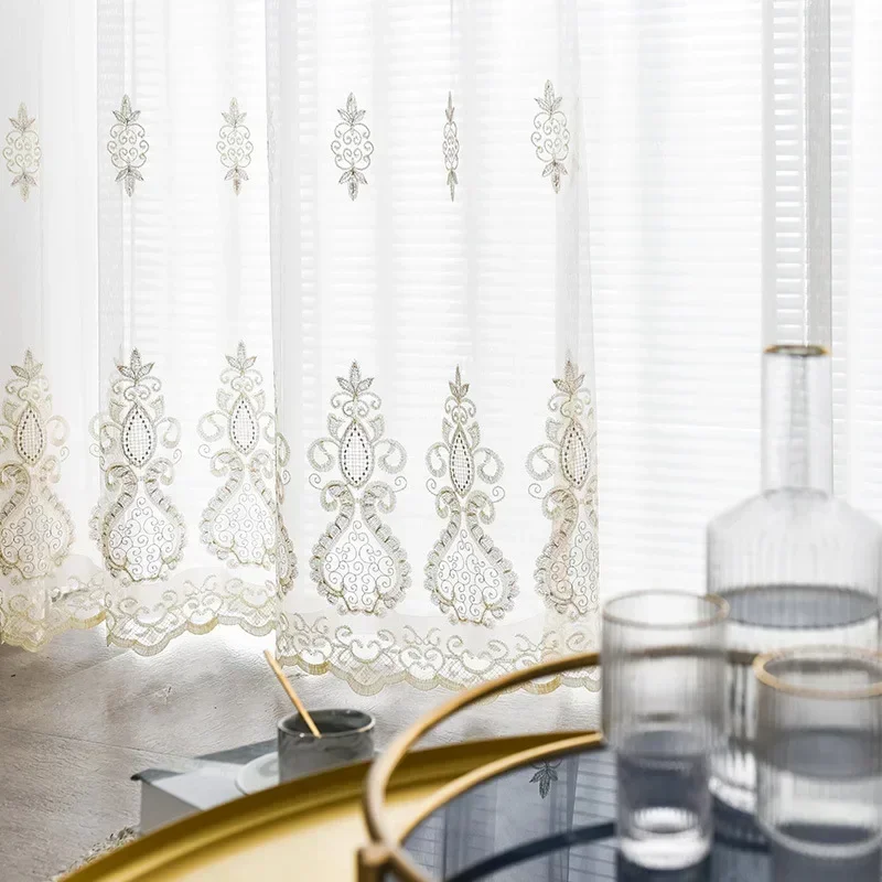 

American Style Tulle Curtains for Living Room Embroidered Window Screen Light Luxury Bedroom Balcony White Yarn Sheer Curtain