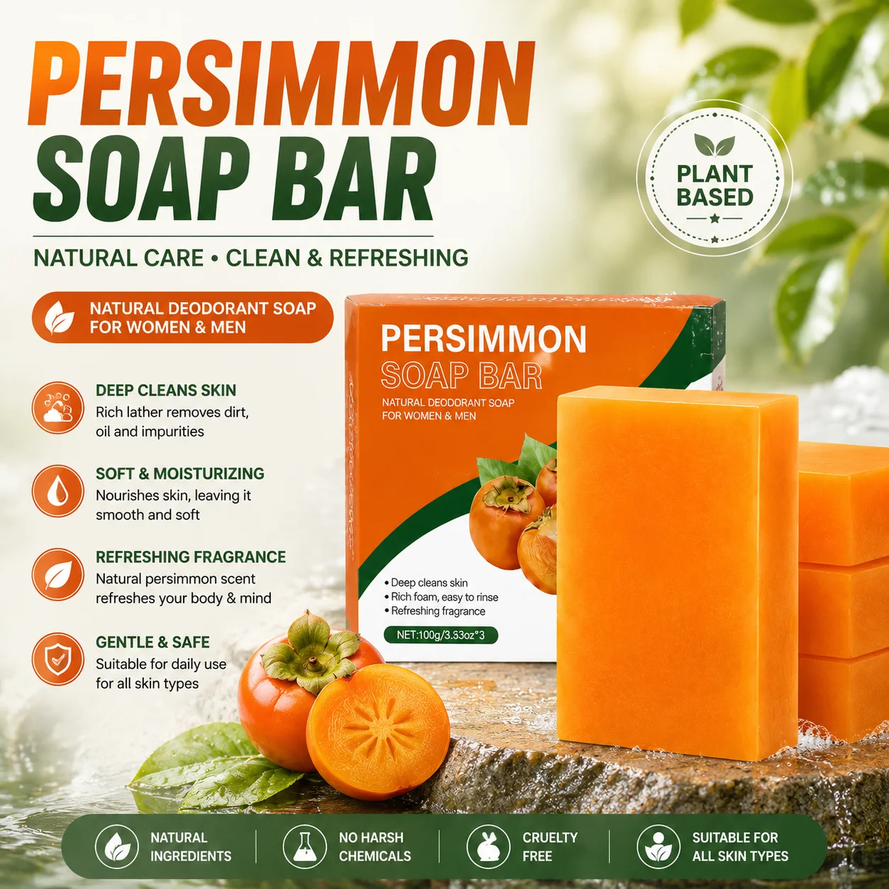 Persimmon soap for body bathing odor removal deodorization oil control, moisturizing, cleaning, handmade soap, moisturizing soap