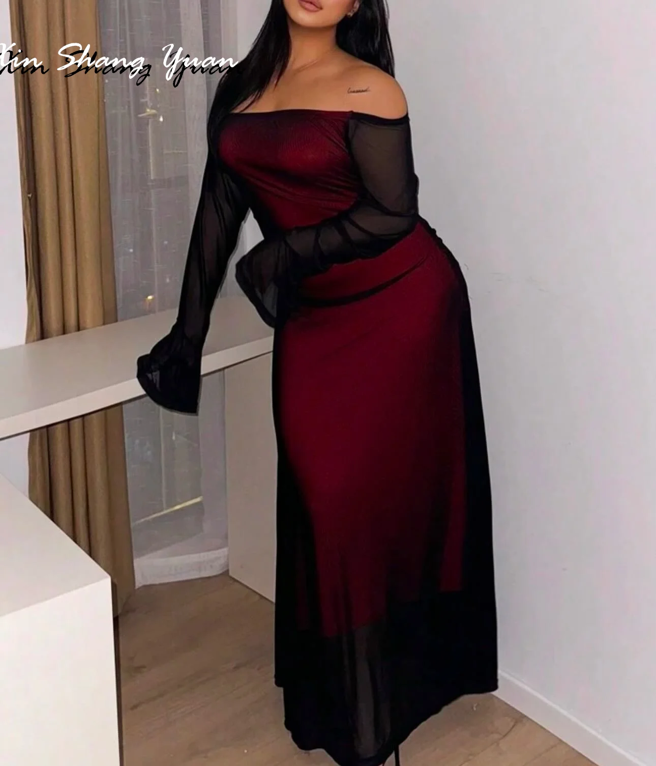 

Customized Evening Dress Exquisite Tulle Boat Neck Off the Shoulder Long Sleeves Prom Gowns Straight Ankle Length Party Dresses