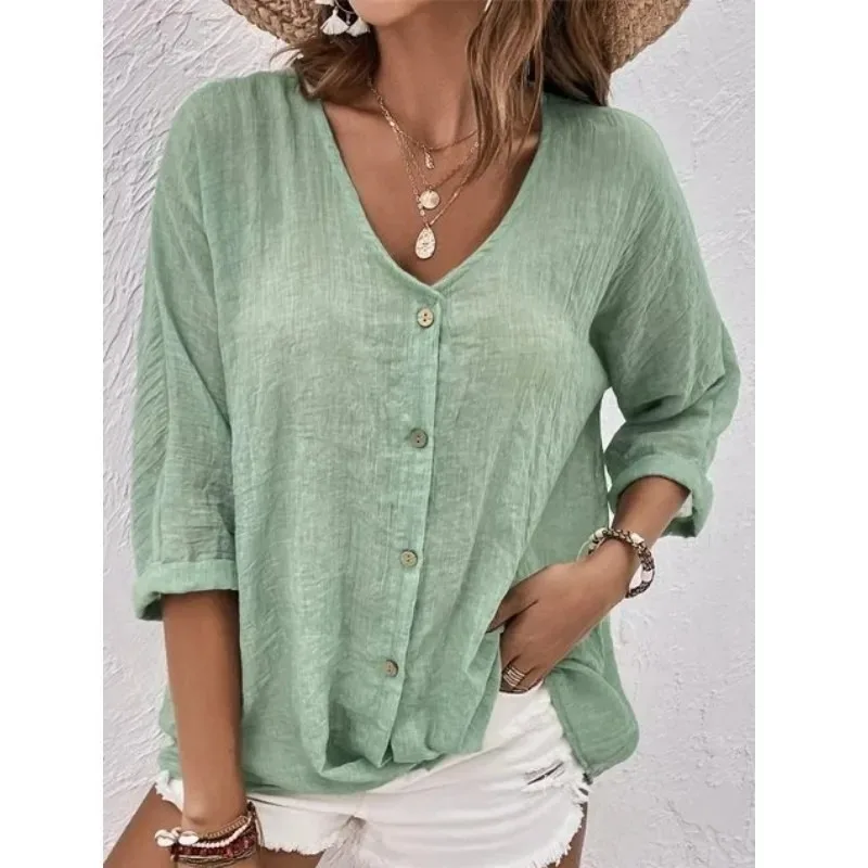 Solid Color Blouses for Women Summer Cotton Linen V Neck Long Sleeve Loose Blouse Casual Button Top Shirts Women\'S Clothing 블라우스