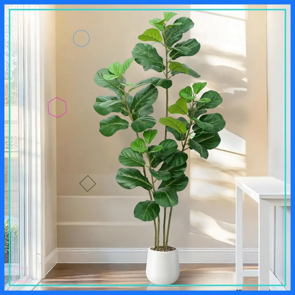 

6ft Artificial Fiddle Leaf Fig Tree with White Planter, 4 Trunk Faux Plant for Indoor Home Office