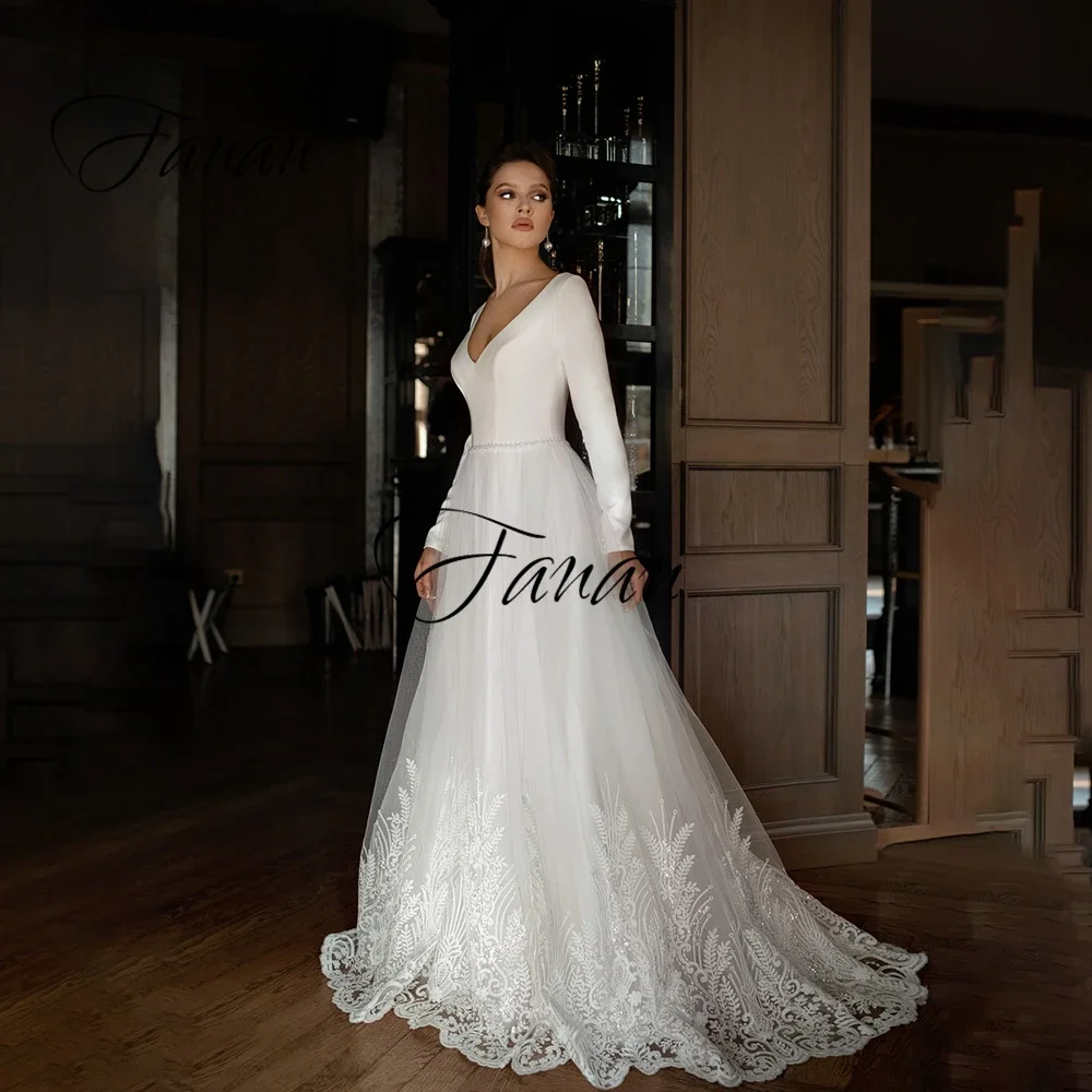 New V-Neck Long Sleeve Wedding Dress Lace Appliques Tulle Floor Length Elegant Bridal Gown robe de soirée  mariage платье