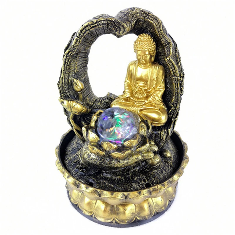 Golden Buddha Desktop Water Fountain Lucky Feng Shui Glowing Ball Buddhist Statue Office Personality Ornaments