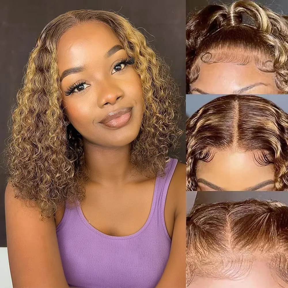 أومبير تسليط الضوء على P4/27 اللون قصير بوب الباروكات مجعد 13x4 الدانتيل الباروكات الأمامية شعر الإنسان عميق مجعد بوب شعر مستعار البرازيلي الشعر القصير بوب