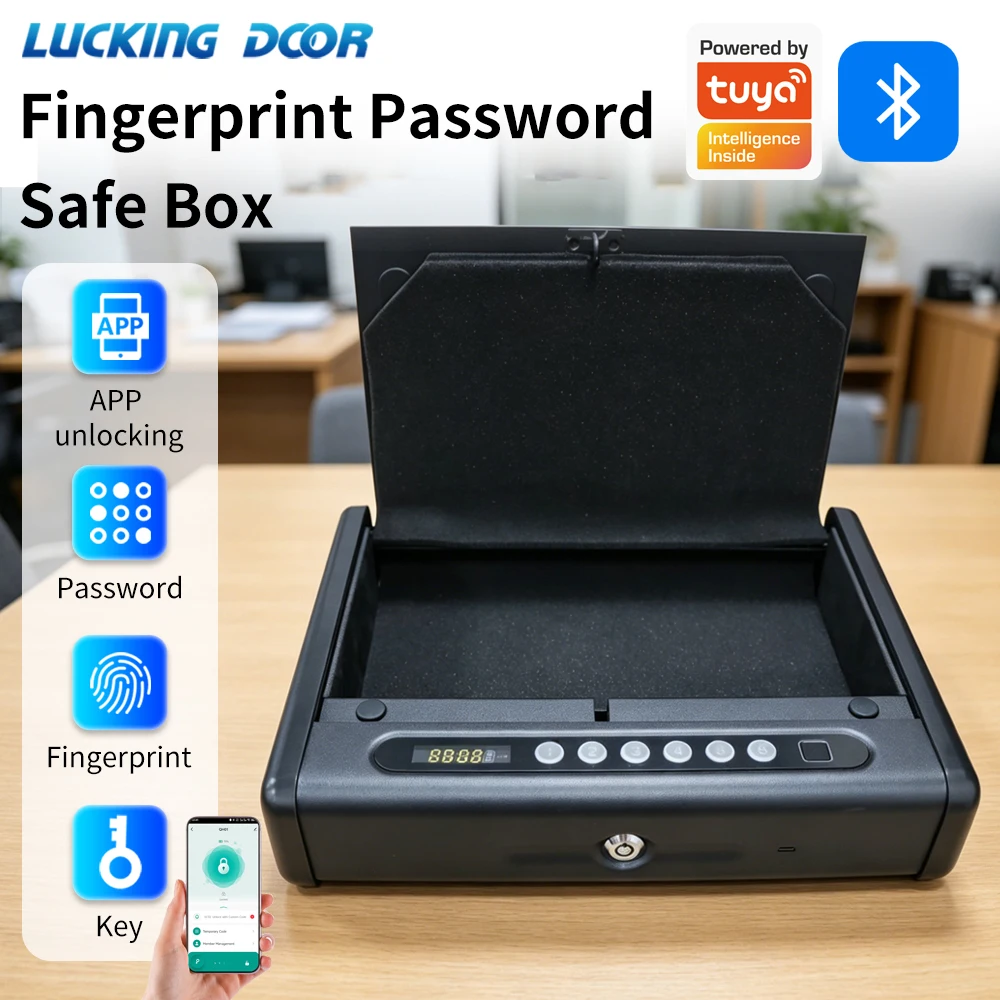 Biometric Bluetooth Security Storage Lockbox Support Tuya APP LED Light Capacity Battery Multi Unlock Modes Built-in Shockproof