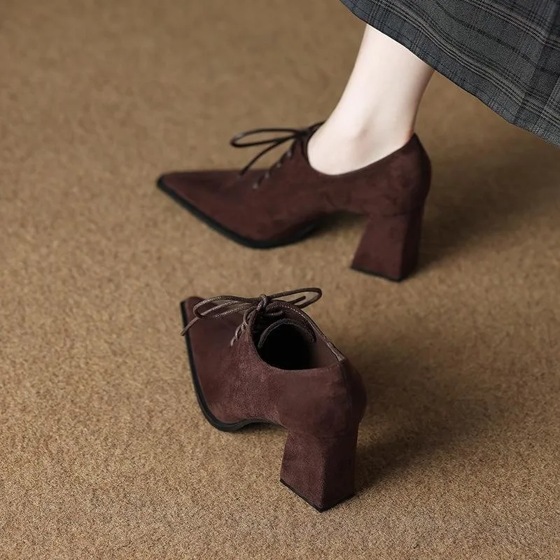 

High Quality Sheep Suede Comfort Shoes 2026 Chunky Heels Oxford Shoes Pointed Toe Lace Up Women Deep Mouth British School Pumps