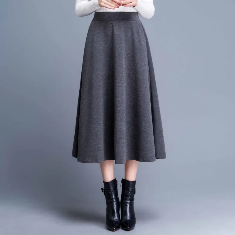 Women High Waist A Line Midi Skirt Elastic Waistband Swing Flared Casual Skirt With Pockets