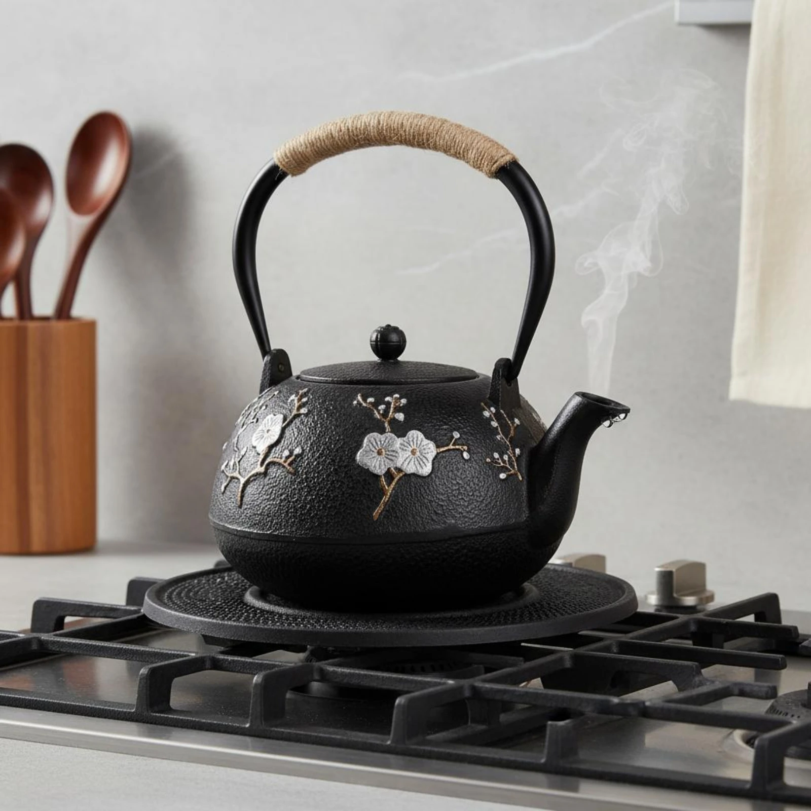 Hammered Cast Iron Teapot Fitted Lid Floral Cast Iron Teapot Tea Pot Heat Retention Kitchenware Easy to Clean