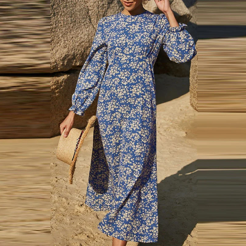 Vintage Floral Print Schlank Bohemian Kleid Frauen Mode Rundhals Lange Party Kleid Herbst Langarm Strand Maxi Kleider Vestido