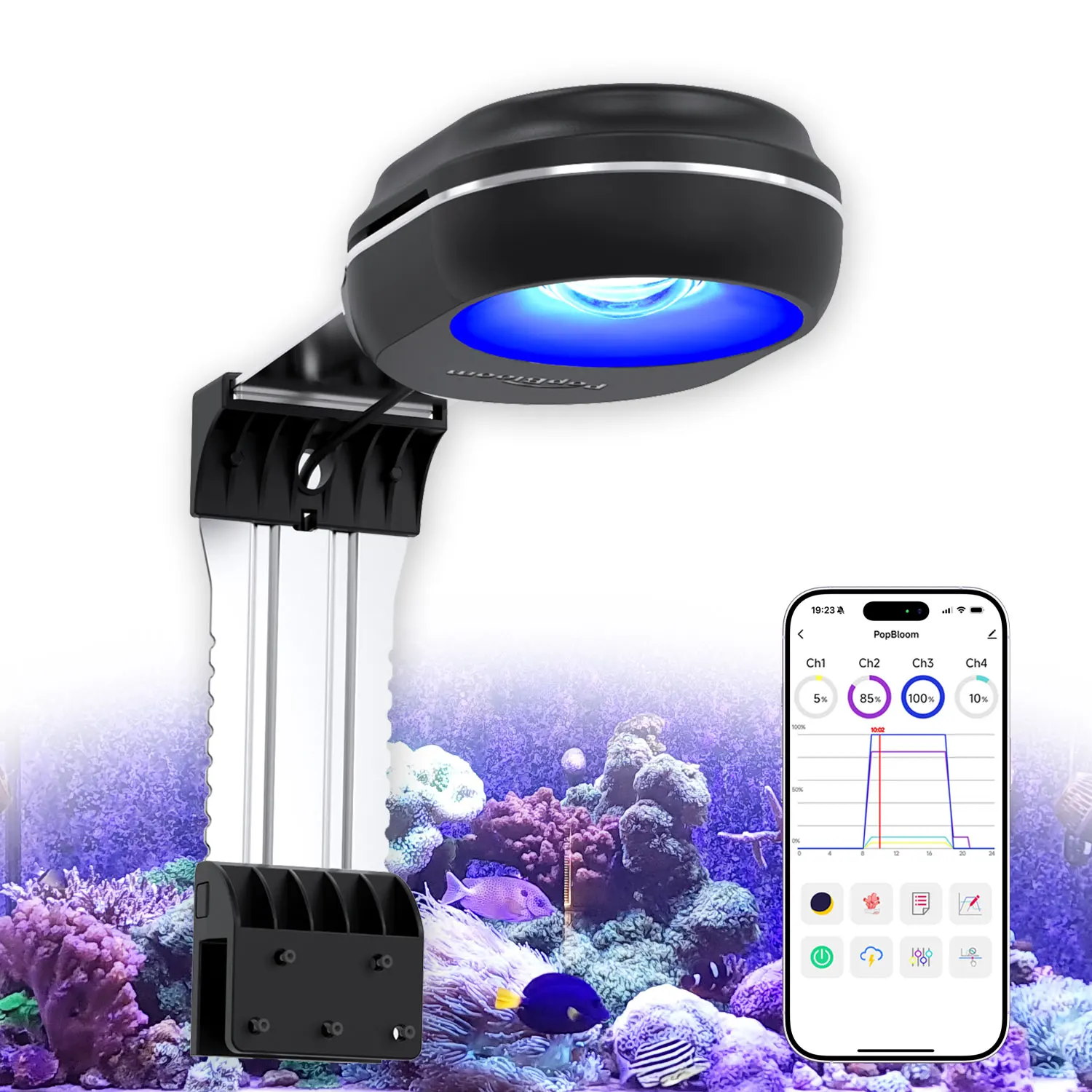 PopBloom WiFi Nano Aquarium LED-Beleuchtung 60W, Professionelle Aquariumbeleuchtung Vollspektrum für Riff-Korallen SPS/LPS Salzwassertank