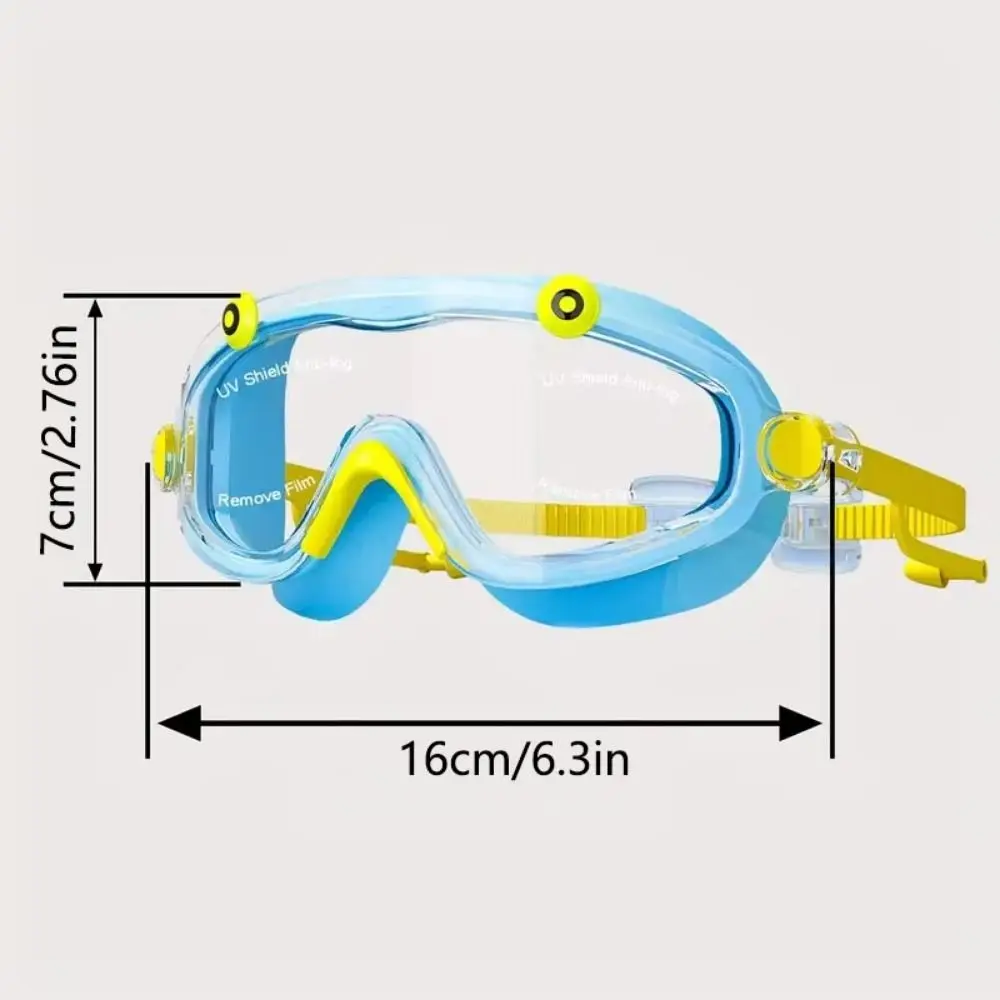 Wodoodporne okulary pływackie z dużą ramką, przeciwmgielne, z zatyczkami do uszu, regulowane, z miękkiego silikonu, dla dzieci.
