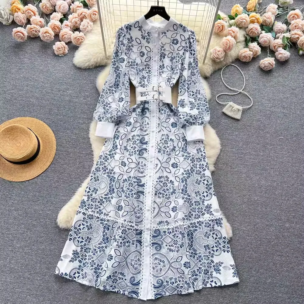 Fashion Runway Spring Autumn Women's Lantern Sleeve Belt Single Breasted Hollow Out Embroidery Flower Elegant Maxi Dress