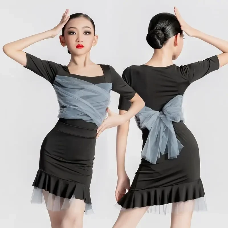 

Child Latin Dance Dress for Girls Black Lace Short Skirt Summer Short Sleeve Cha Cha Samba Rumba Training Performance Suit 2025