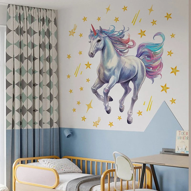 Cartoon Meteor Rainbow Unicorn Wall Sticker DIY Vinyl Gold Stars Decals Self-adhesive for Kids Room Baby Room Nursery Wall Decor view 4