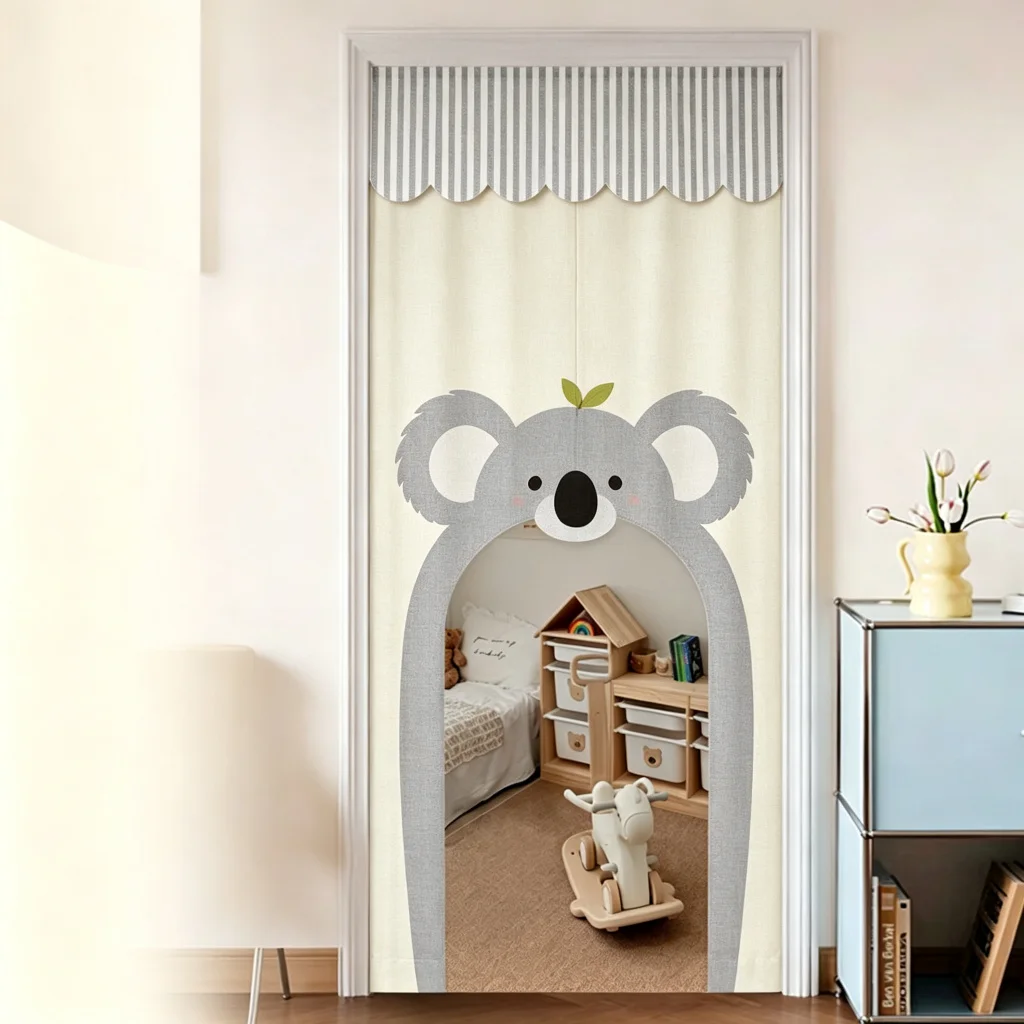 VIKAMA Koala Arched Half Door Curtain Kids Room Cotton Linen Short Curtain Privacy Partition Home Decor Bedroom Nursery Window